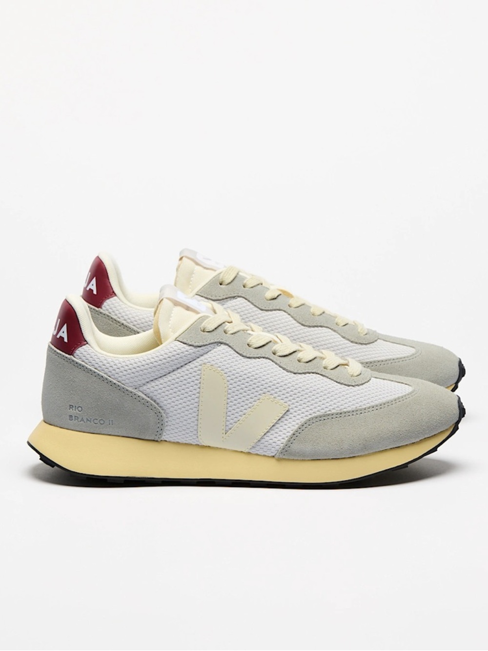 Veja Rio Branco II Sneakers in White, Cream & Grey with Burgundy Heel